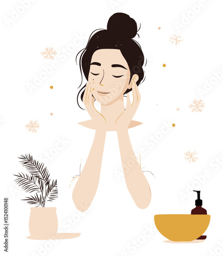 Relaxing Woman with Skincare Routine, Organic Cosmetic Products Illustration