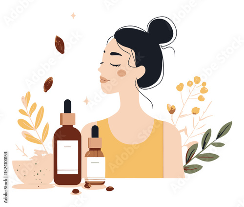 Elegant Cosmetic Illustration Featuring Woman with Natural Beauty Products