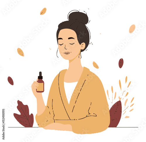 Elegant Woman Holding Cosmetic Dropper Bottle in Minimalist Illustration