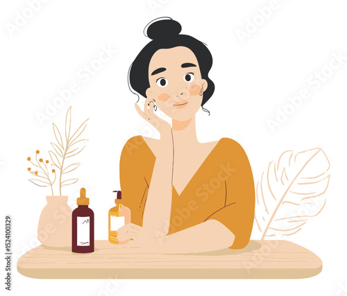 Elegant Cosmetic Illustration of Woman with Serum and Skincare Products