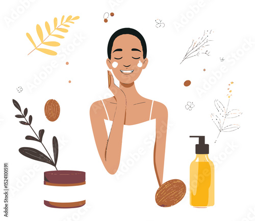 Vector Illustration of a Woman Enjoying Her Cosmetic Skincare Routine