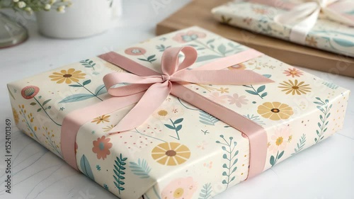 Decorative gift box wrapped in floral paper with pink ribbon  