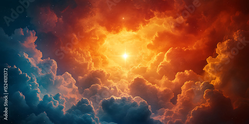 Dramatic sky view of glowing starburst with clouds orange and blue hues celestial scene heavenly light abstract background digital artwork atmospheric effect beautiful