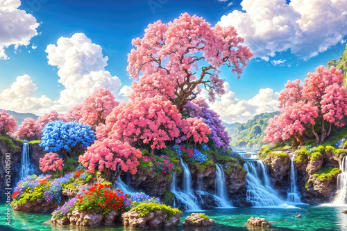 A beautiful paradise land full of flowers,  sakura trees, rivers and waterfalls, a blooming and magical idyllic Eden garden