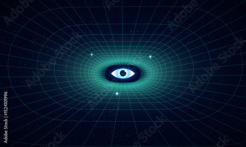 Universe Retro Futuristic 80's Background 4K. Synthwave wireframe neon net grid. Abstract digital background. 80s, 90s Retro futurism, Retro wave cyber surfaces with a watching eye. Retrowave style