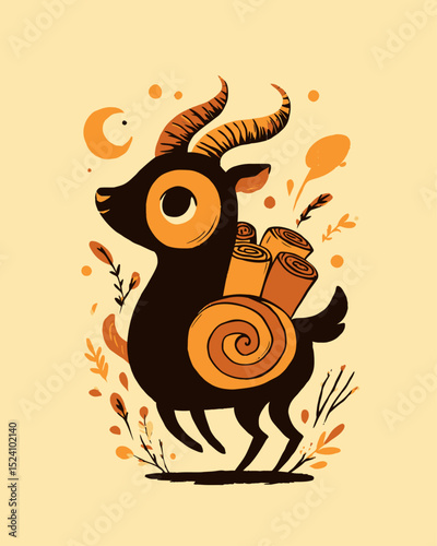 Playful Cartoon Goat with Spiraled Logs and Whimsical Floral Accents