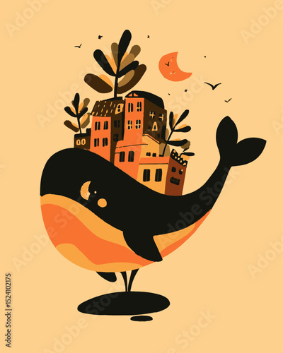 Colorful Cartoon Whale with Houses and Trees in Whimsical Illustration
