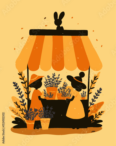 Charming Cartoon Market Scene with a Rabbit and Two Women Shopping for Plants