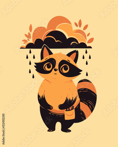 Cute Cartoon Raccoon with Paintbrush Under Cloudy Sky with Rain Drops