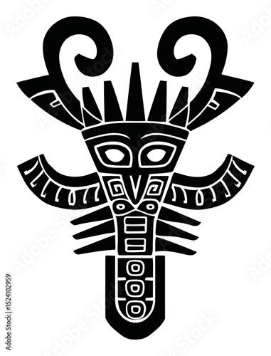 Intricate Black and White Engraving of a Stylish Tribal Mask Illustration