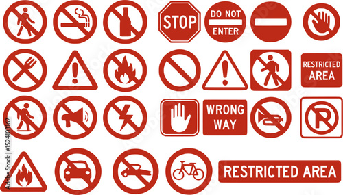 A collection of red and white prohibition and warning signs, including stop signs, do not enter symbols, and other cautionary markers. Ideal for illustrating safety regulations, traffic rules
