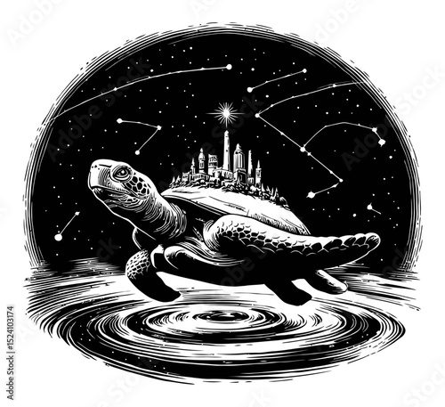 Engraved Illustration of a Turtle with Cityscape on Its Shell Under Stars