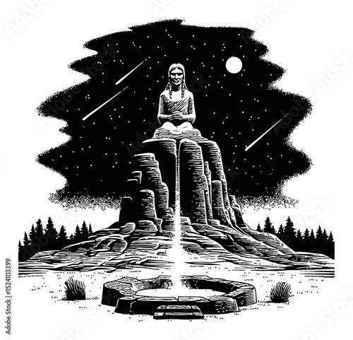 Engraved Illustration of a Mystic Figure on a Rocky Outcrop at Night
