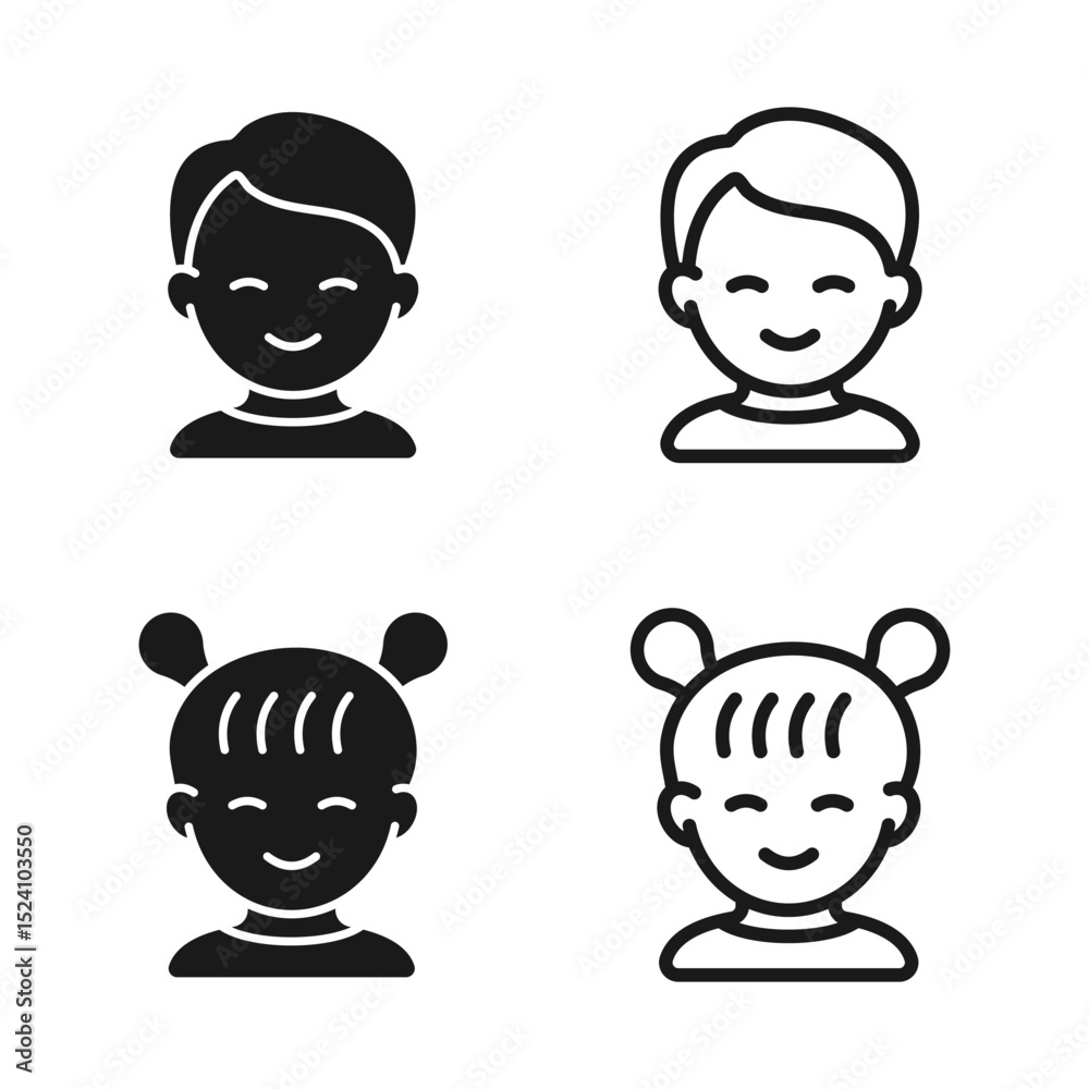 Kid icon. Happy boy or girl. Little child's face. Black and white line icon with outline. Smiling kid's face. Happy baby. Vector Kid icon. Happy boy or girl. Little child's face. Black and white line icon with outline. Smiling kid's face. Happy baby. Vector