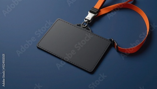 Blank Black Badge with Orange Lanyard on a Blue Background