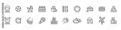 Fine motor skills icon set. Baby toys. Children's development. Kids' activity. Pre-school educational games. Training motor skills for toddlers and small children. Vector set