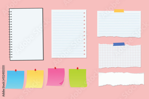 Blank paper with tape, paper clip  sticky note, notebook page design templates 