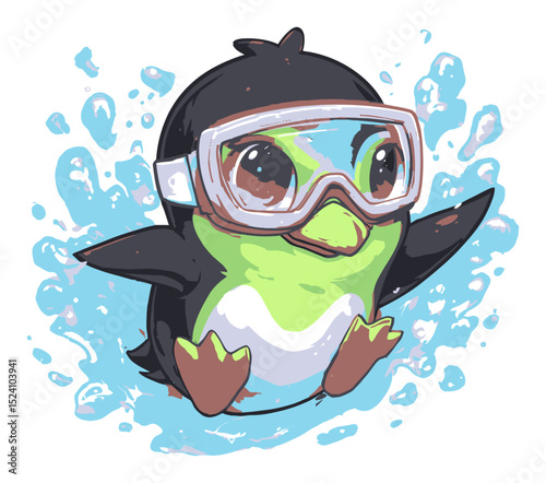Cute Cartoon Penguin with Swimming Goggles and Splashing Water Background