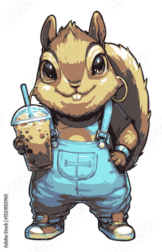 Cute Cartoon Chipmunk Character Holding Drink in Stylish Outfits