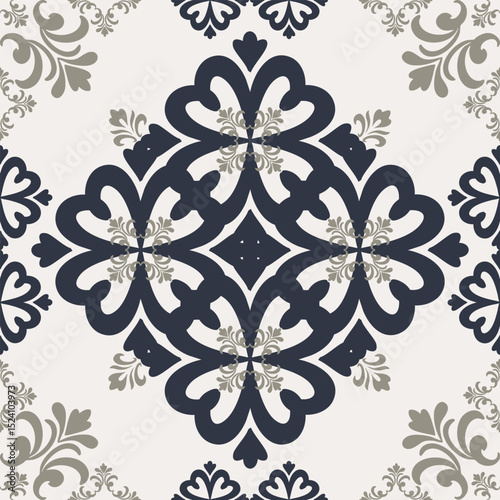 Seamless Navy and Gray Vintage Tile Pattern – Ornate Damask Background for Decor and Design. Perfect for use in classic interior design, wallpaper, ceramic tiles, textiles, rugs, wrapping paper.