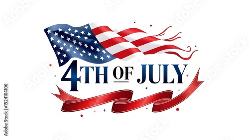 A flat logo featuring the text '4th July Independence Day' with an American flag in the foreground and a red ribbon wrapped around it, all set against a white background in an Independence Day theme.
