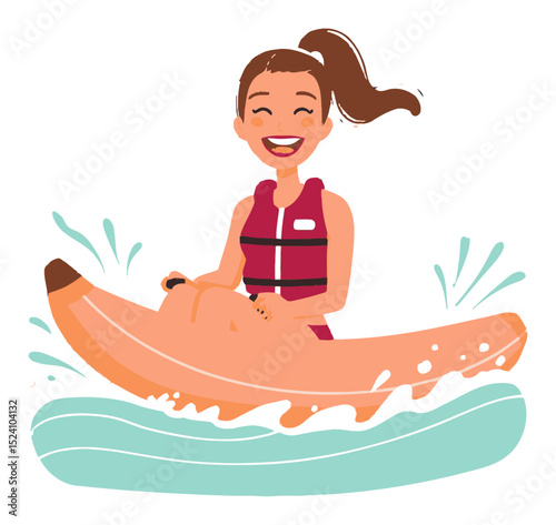 Joyful Summer Cartoon of Girl Riding Banana in Water Illustration
