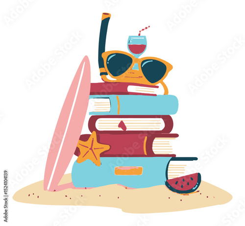 Bright Summer Cartoon with Books, Surfboard, Sunglasses, and Drink Design