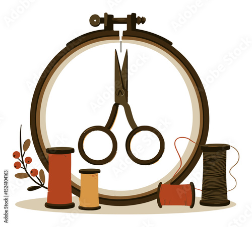 Vintage Sewing Kit with Scissors, Thread Spools, and Embroidery Hoop Illustration