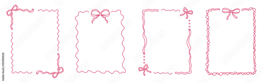 Coquette pink frame with ribbon and bow. Aesthetic vintage border and ornament collection. Hand drawn cute decoration element for sticker, poster, banner, wedding, valentine day. Vector illustration. Coquette pink frame with ribbon and bow. Aesthetic vintage border and ornament collection. Hand drawn cute decoration element for sticker, poster, banner, wedding, valentine day. Vector illustration.