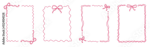 Coquette pink frame with ribbon and bow. Aesthetic vintage border and ornament collection. Hand drawn cute decoration element for sticker, poster, banner, wedding, valentine day. Vector illustration. 