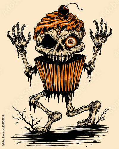Spooky Skeleton Cupcake Character for Halloween Art and Illustration