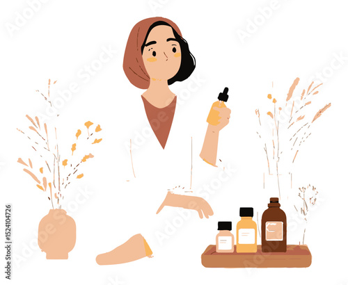 Girl with Beauty Products and Natural Elements in Minimalist Style Illustration