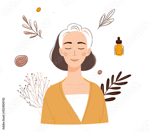 Elegant Vector Illustration of a Woman with Natural Cosmetic Elements