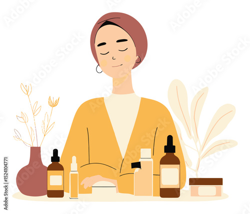 Woman in Cozy Setting Surrounded by Cosmetic Products and Plants Illustration
