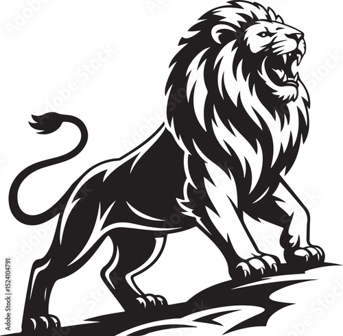 Majestic Roaring Lion Powerful Black and White Illustration