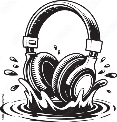 Immersive Audio Headphones Splashing in Water - Vector Illustration