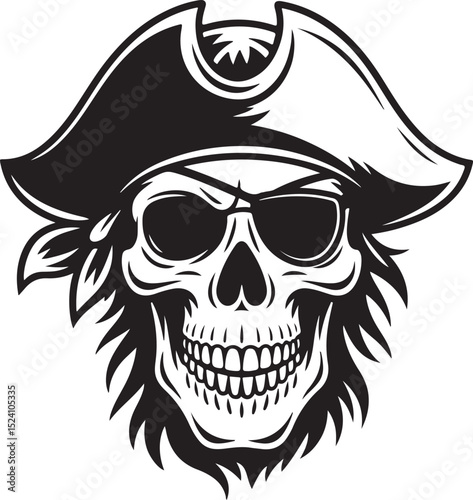 Jolly Roger Skull Pirate Captain Black and White Illustration