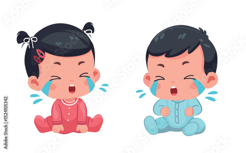 little kid baby boy and girl cry expression vector cartoon