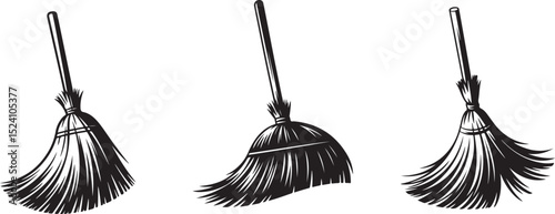 Collection of Vintage Broomstick Illustrations Cleaning Tools Graphics