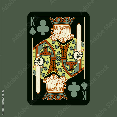 King of Clubs, playing poker card in black design. Isolated vector illustration. Editable stroke lines.	