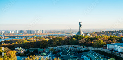 Photography Motherland Monument in Kyiv, Ukraine, with a panoramic view of the city, river