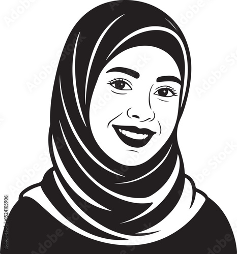 Smiling Muslim Woman in Hijab Black and White Illustration
