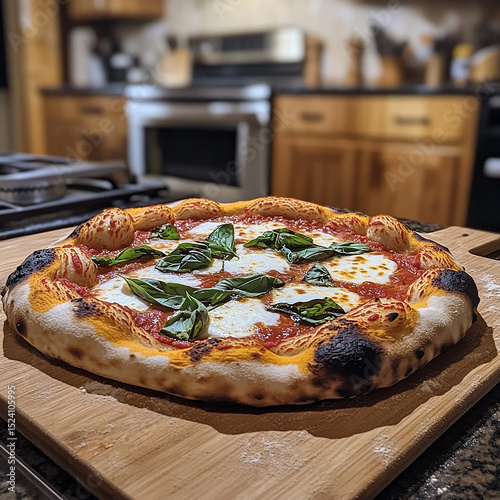 A freshly baked pizza rests on a rustic wooden board, its golden crust crispy and toppings vibrant. The warm aroma and artisanal presentation invite a delicious, casual dining experience.

