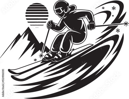 Dynamic Skier Illustration Black and White Mountain Ski Design