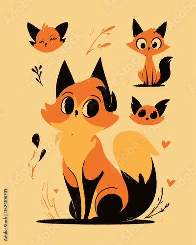 Cute Cartoon Fox Illustration with Playful Expressions and Floral Elements