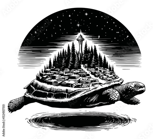 Turtle Carriage of a City Under a Starry Night Sky in Engraving Style