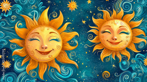 Image depicts whimsical, artistic illustration of two smiling suns with human like facial features, surrounded by swirling