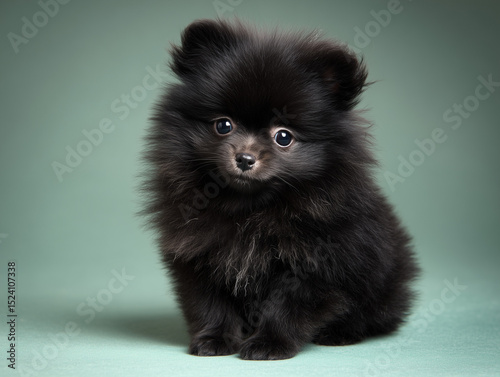 A Cute Black Pomeranian Puppy on a Green Background 녹색 배경의 귀여운 검은 포메라니안 강아지