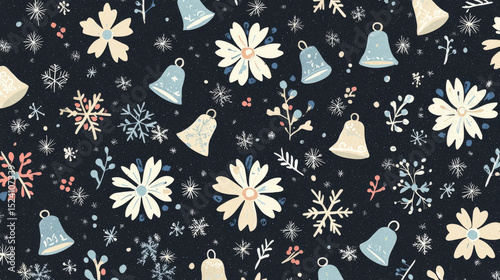 Festive winter pattern with snowflakes, bells, and flowers on dark background, creating cheerful holiday atmosphere