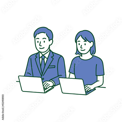 Illustration of men and women working with a laptop